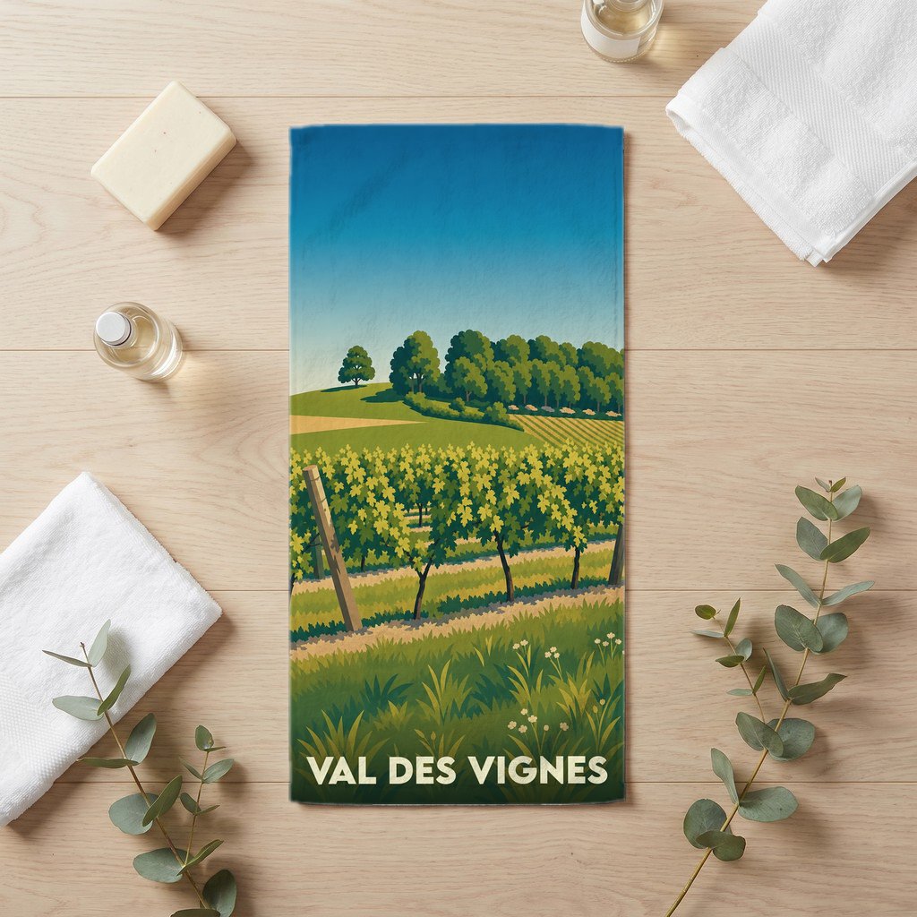 Serviette de bain souvenir de la ville de Val des Vignes avec une illustration stylisée de vignoble.