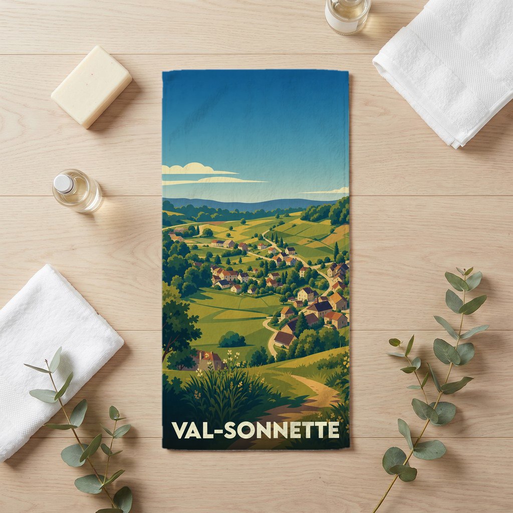 Serviette de bain souvenir de Val-Sonnette illustrée d'un paysage de campagne vallonné.