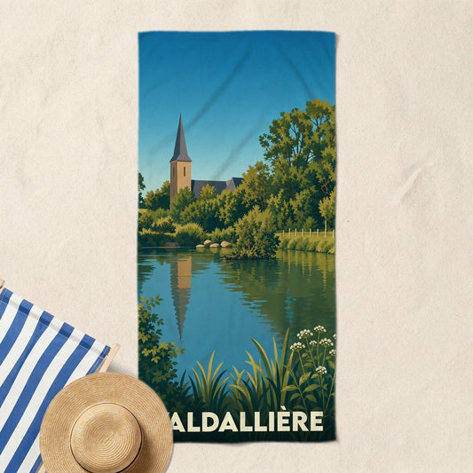 Serviette de bain souvenir de Valdallière avec une illustration stylisée d'un clocher se reflétant dans l'eau.