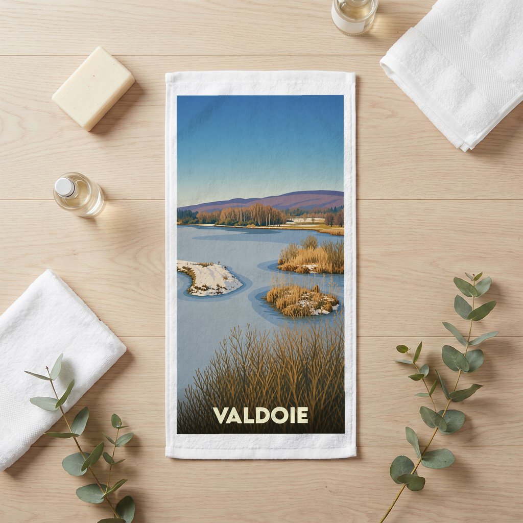 Serviette de bain souvenir de la ville de Valdoie avec une illustration stylisée de paysage.