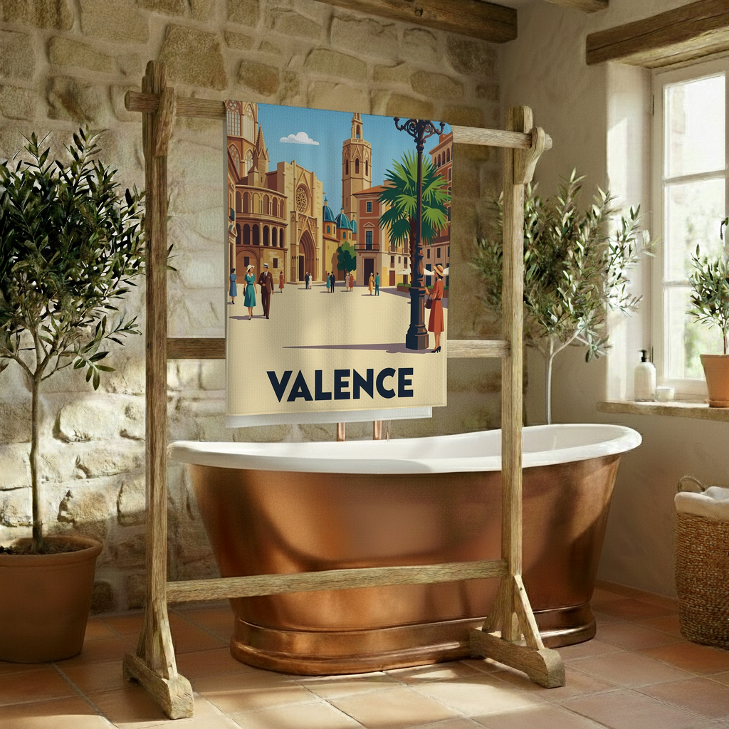 Serviette de bain souvenir de la ville de Valence avec une illustration stylisée.
