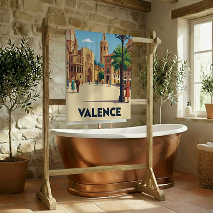 Serviette de bain souvenir de la ville de Valence avec une illustration stylisée.