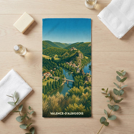 Serviette de bain souvenir de la ville de Valence-d'Albigeois avec une illustration stylisée d'un paysage fluvial.
