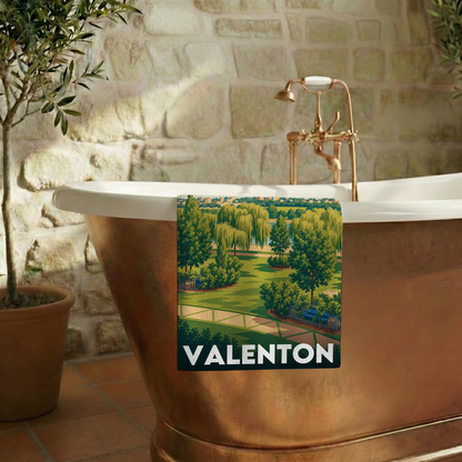 Serviette de bain souvenir de la ville de Valenton avec une illustration stylisée.
