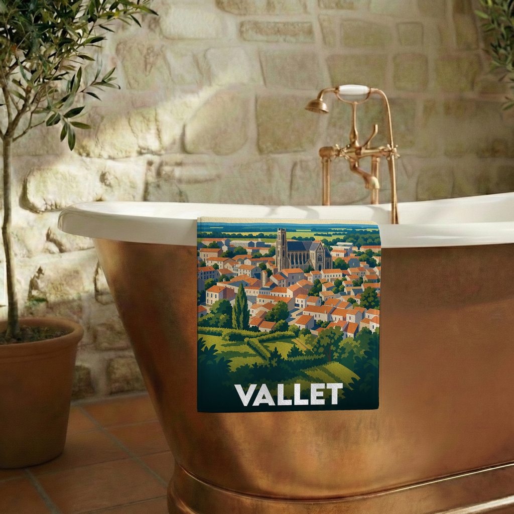 Serviette de bain souvenir de la ville de Vallet illustrée d'un paysage urbain stylisé.