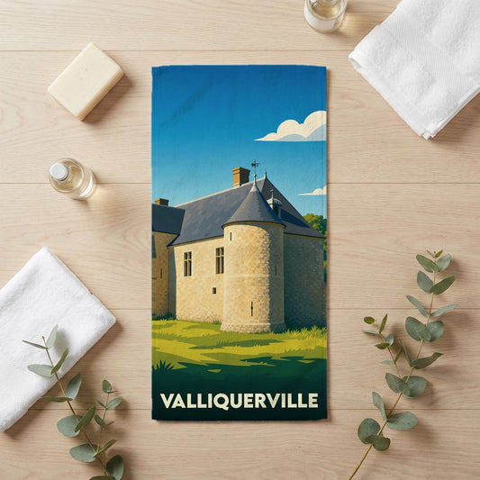 Serviette de bain souvenir de Valliquerville ornée d'une illustration stylisée de son château.