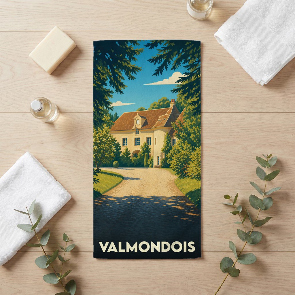 Serviette de bain souvenir de la ville de Valmondois avec une illustration stylisée d'une demeure bourgeoise.
