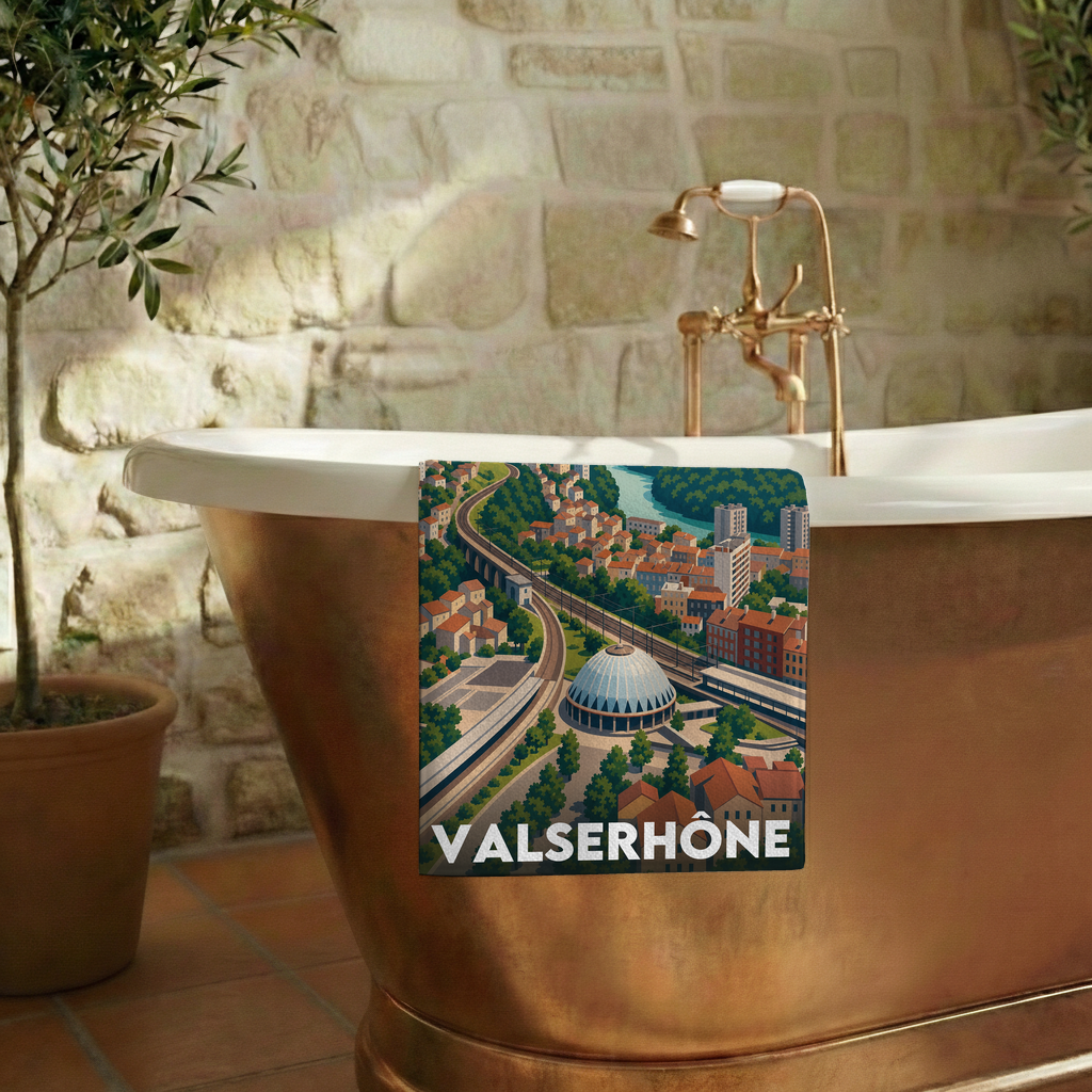 Serviette de bain souvenir de la ville de Valserhône avec une illustration stylisée.