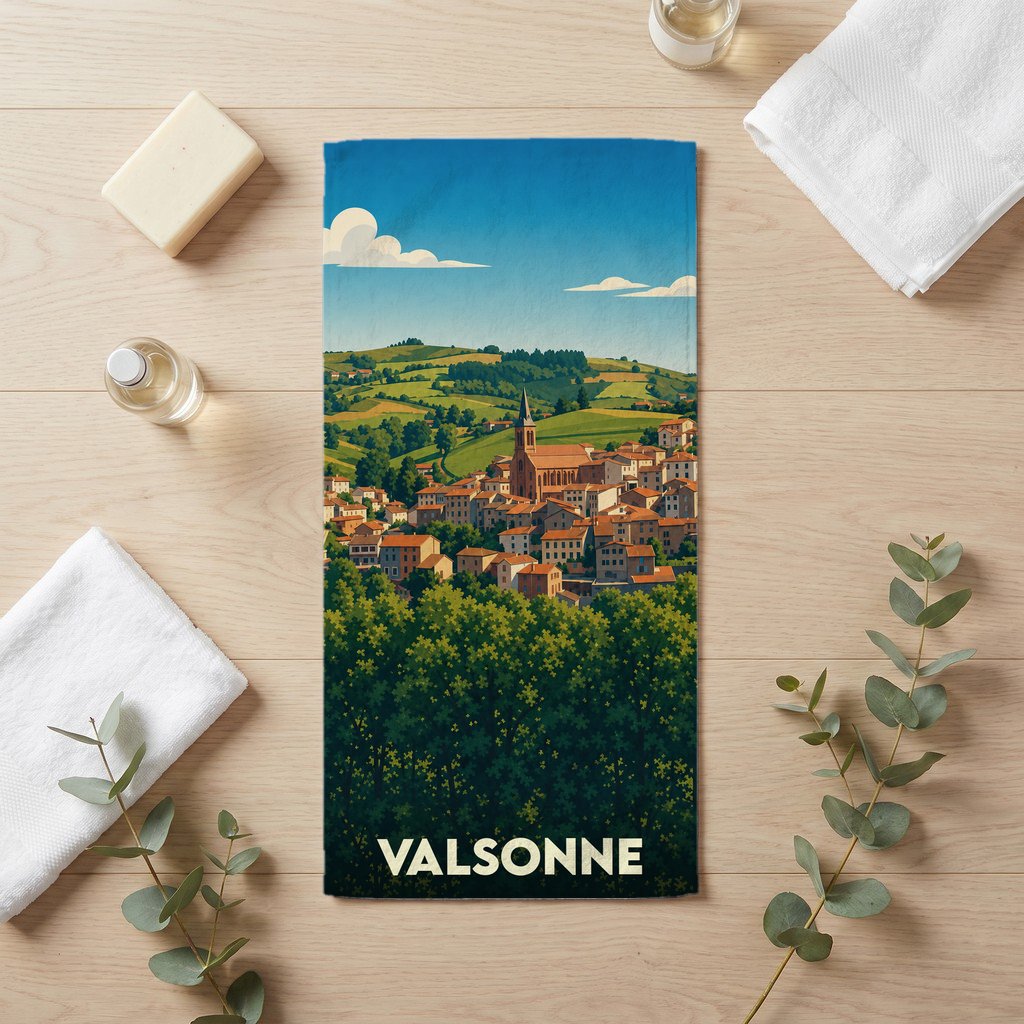 Serviette de bain souvenir de la ville de Valsonne avec une illustration stylisée d'un village vallonné.