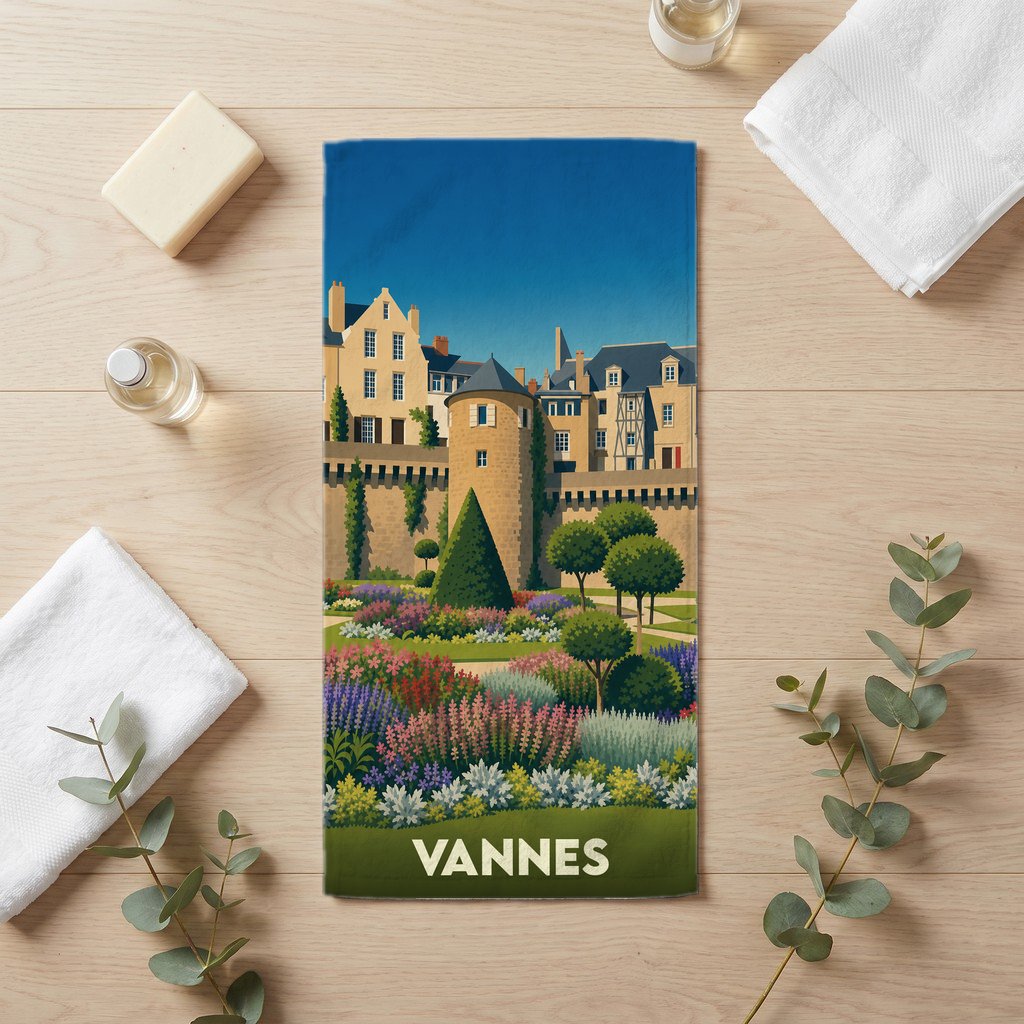 Serviette de bain souvenir de la ville de Vannes avec une illustration stylisée de ses remparts et jardins.