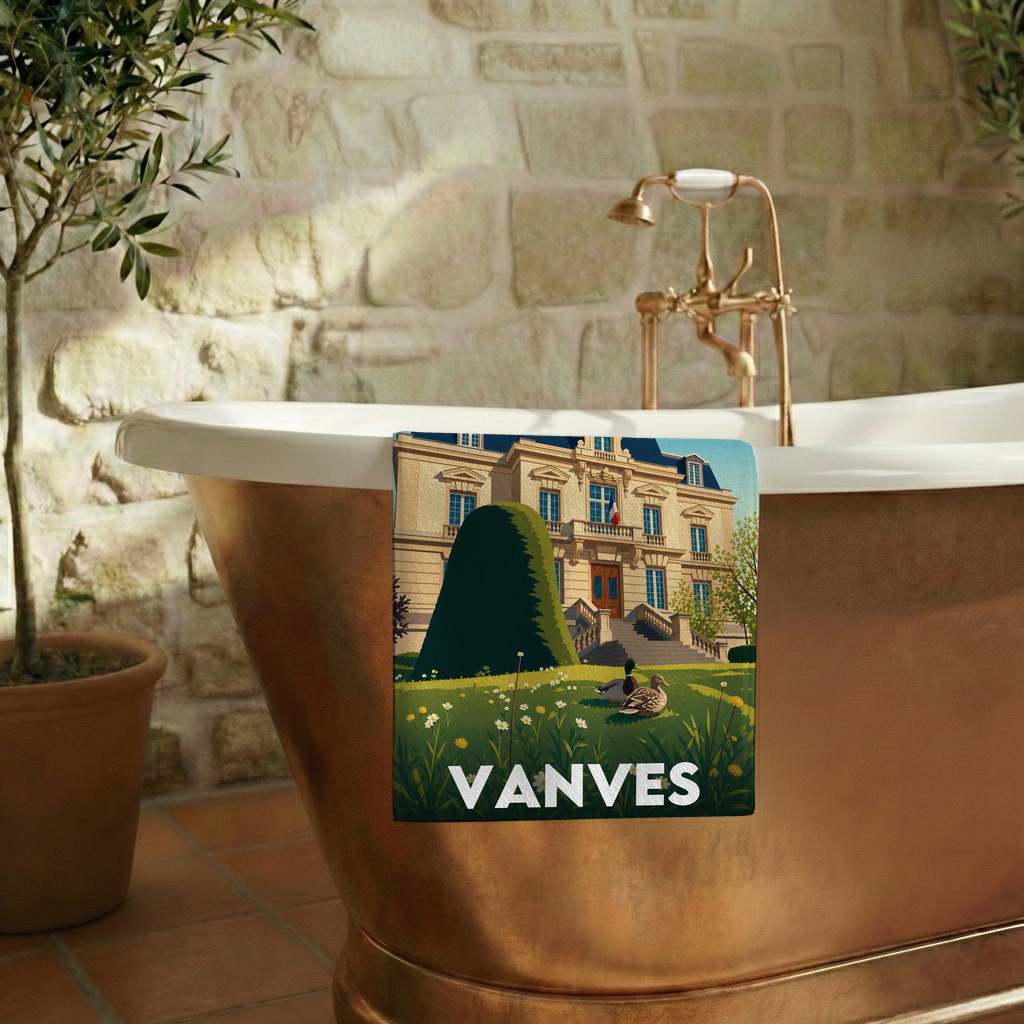 Serviette de bain souvenir de la ville de Vanves avec une illustration stylisée d'un manoir et de son jardin.