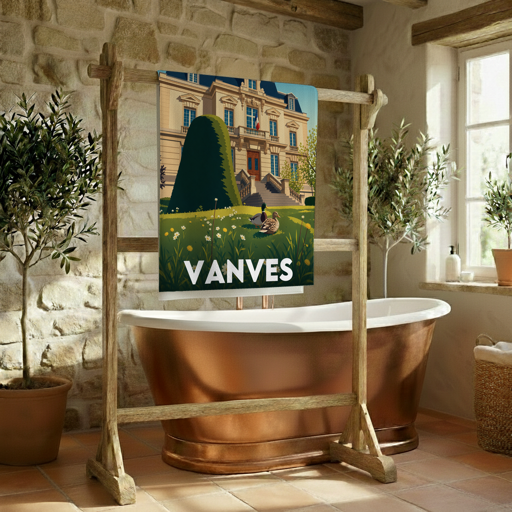 Serviette de bain souvenir de la ville de Vanves illustrée par une vue stylisée du château de l'Hôtel de Ville.
