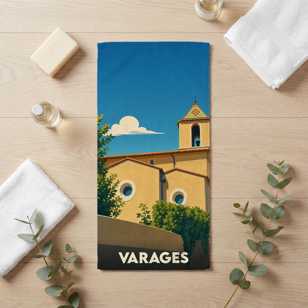 Serviette de bain souvenir de la ville de Varages avec une illustration stylisée.