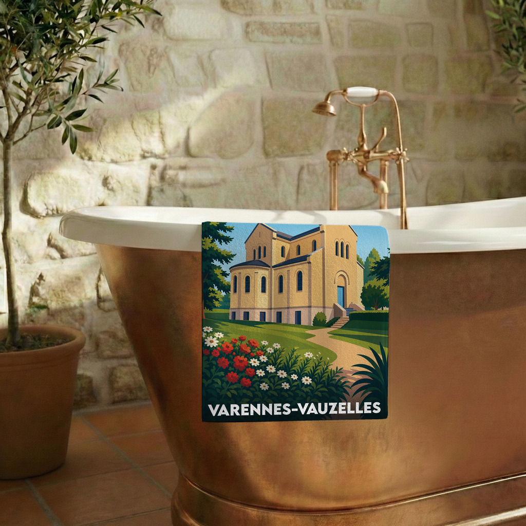 Serviette de bain souvenir de la ville de Varennes-Vauzelles avec une illustration stylisée.