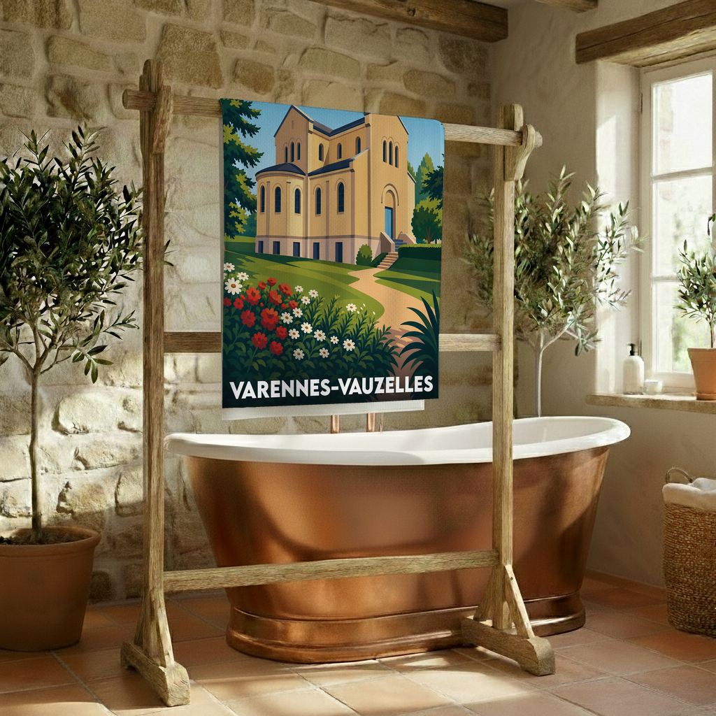 Serviette de bain souvenir de la ville de Varennes-Vauzelles avec une illustration stylisée.