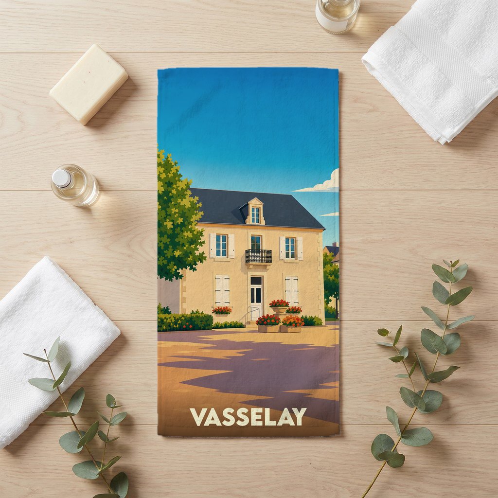 Serviette de bain souvenir de la ville de Vasselay avec une illustration stylisée d'une maison de maître.