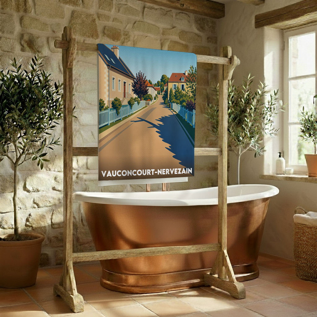 Serviette de bain souvenir de la ville de Vauconcourt-Nervezain avec une illustration stylisée.