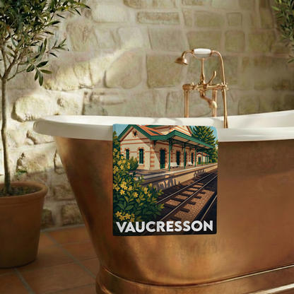Serviette de bain souvenir de la ville de Vaucresson avec une illustration stylisée de sa gare.