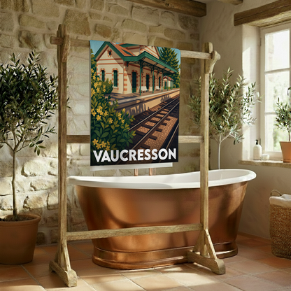 Serviette de bain souvenir de la ville de Vaucresson avec une illustration stylisée de sa gare.