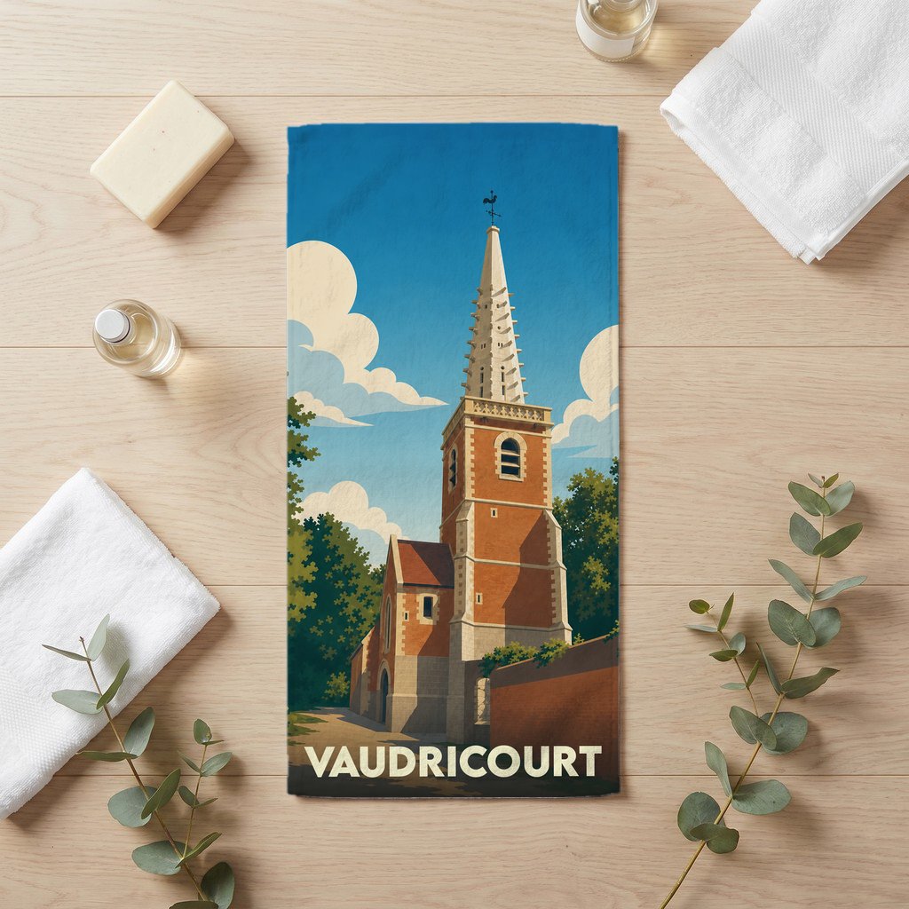Serviette de bain souvenir de la ville de Vaudricourt illustrée d'une église de style rétro.