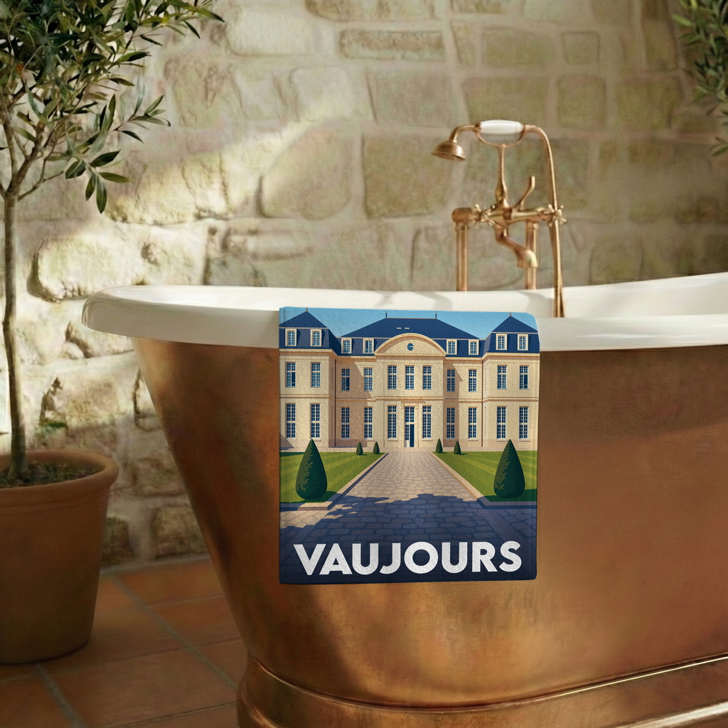 Serviette de bain souvenir de la ville de Vaujours avec une illustration stylisée.