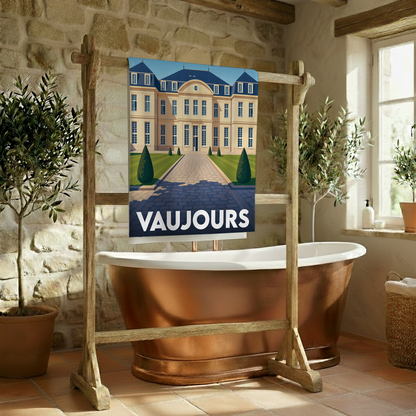 Serviette de bain souvenir de la ville de Vaujours avec une illustration stylisée d'un château.