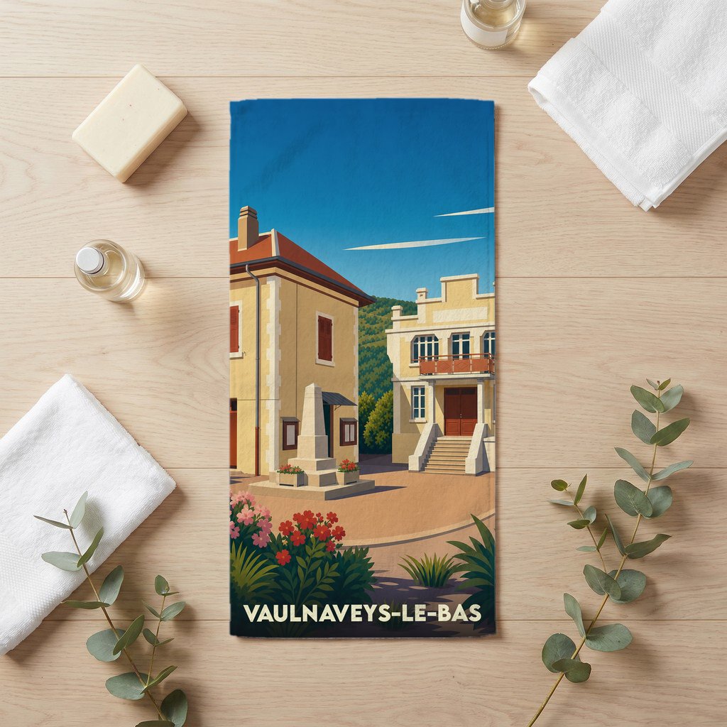 Serviette de bain souvenir de la ville de Vaulnaveys-le-Bas avec une illustration stylisée.