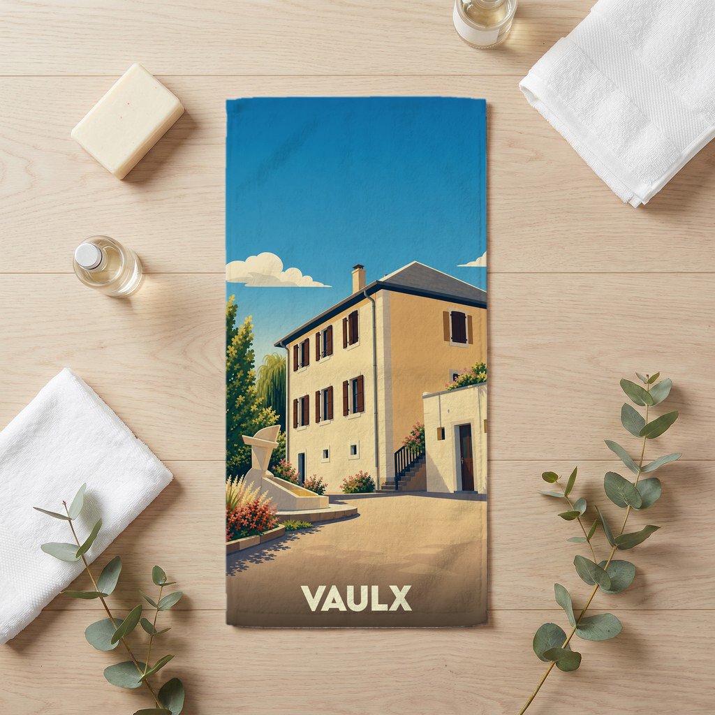 Serviette de bain souvenir de la ville de Vaulx avec une illustration stylisée d'une maison de campagne.