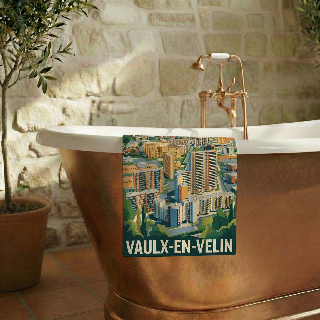 Serviette de bain souvenir de la ville de Vaulx-en-Velin avec une illustration stylisée.