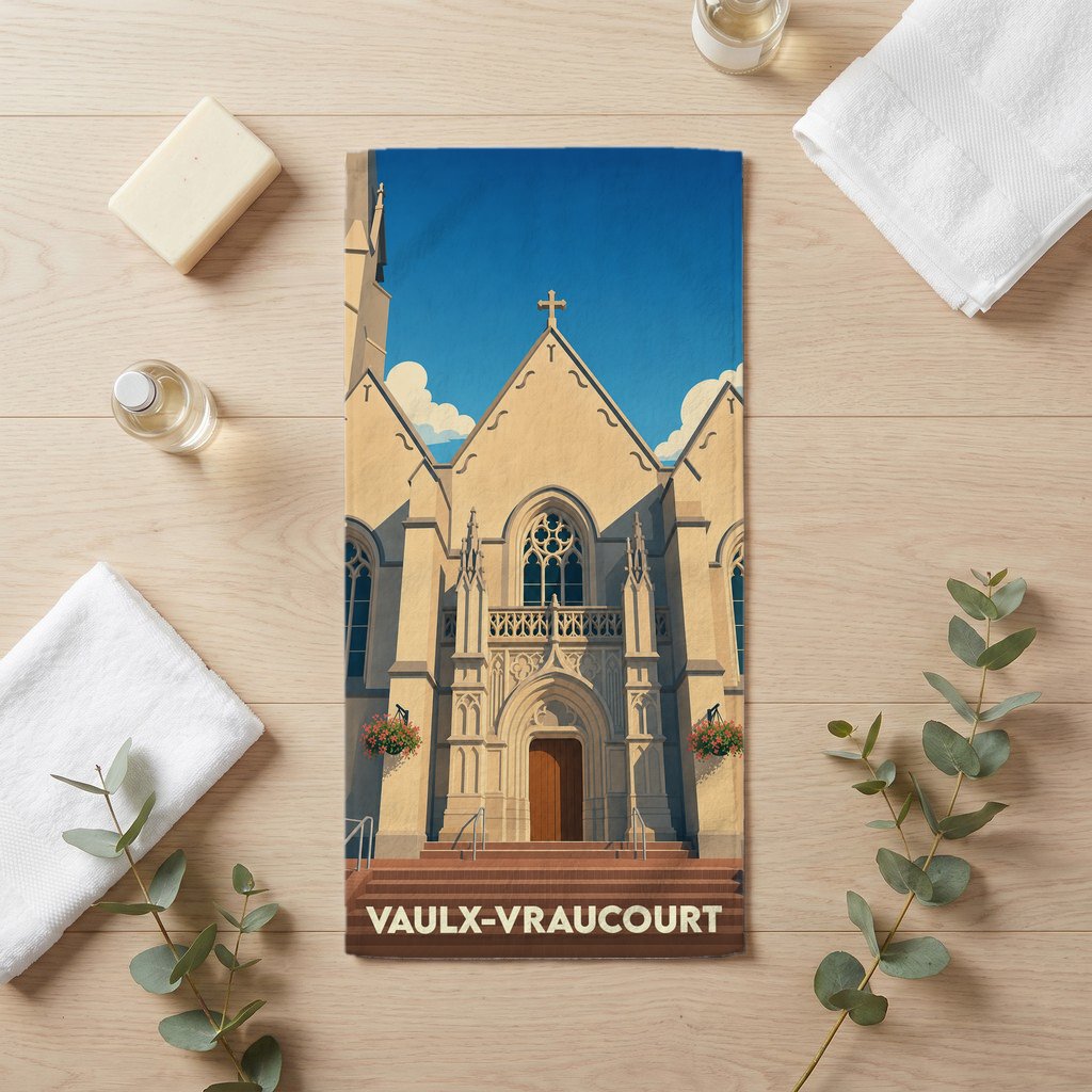 Serviette de bain souvenir de la ville de Vaulx-Vraucourt avec une illustration stylisée d'une église.