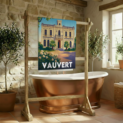 Serviette de bain souvenir de la ville de Vauvert avec une illustration stylisée.