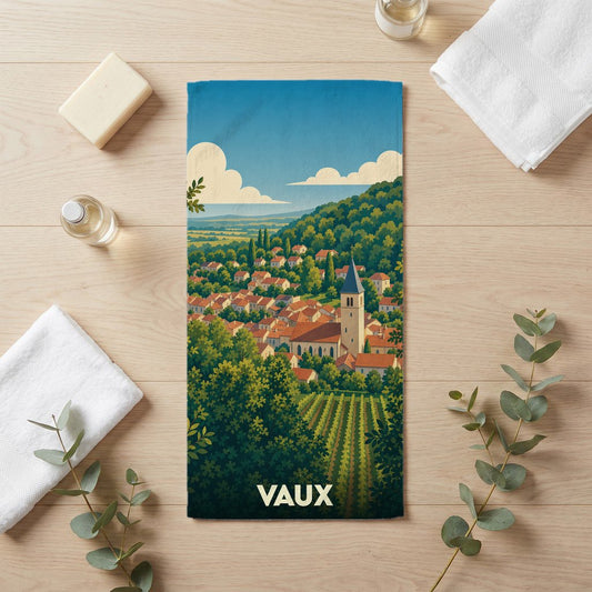 Serviette de bain souvenir de la ville de Vaux avec une illustration stylisée de son paysage vallonné.