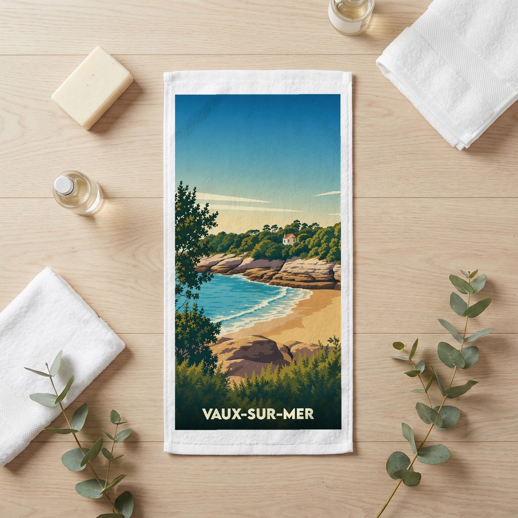 Serviette de bain souvenir de la ville de Vaux-sur-Mer avec une illustration stylisée d'une plage et d'une crique.