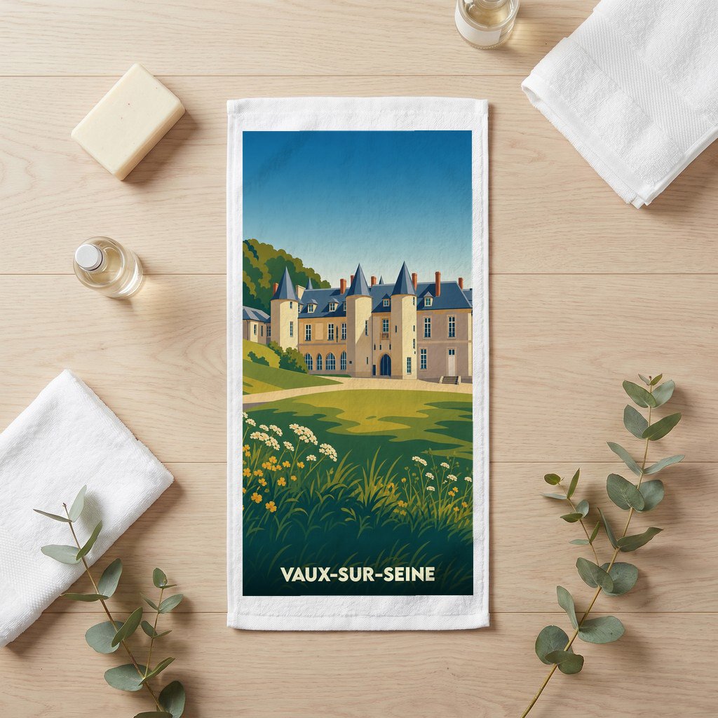 Serviette de bain souvenir de la ville de Vaux-sur-Seine avec une illustration stylisée de son château.