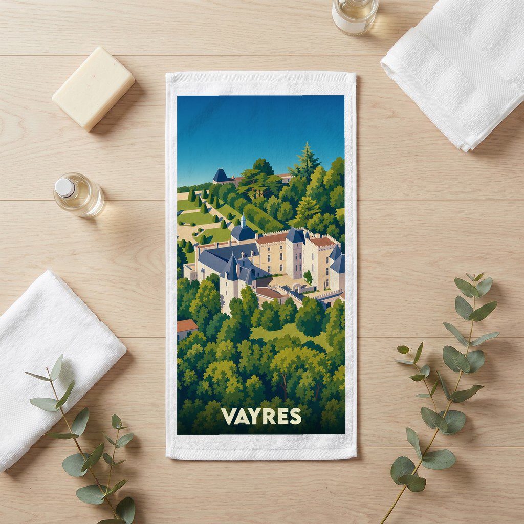 Serviette souvenir de la ville de Vayres illustrée d'un château entouré de verdure.