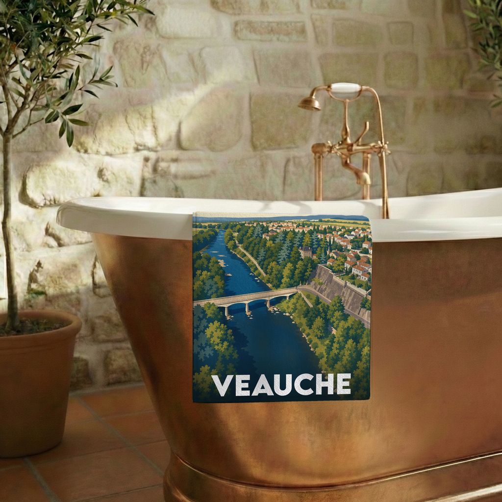 Serviette de bain souvenir de la ville de Veauche avec une illustration stylisée d'un pont enjambant une rivière.