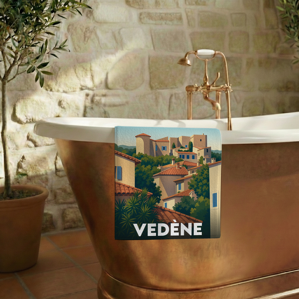 Serviette de bain souvenir de la ville de Vedène avec une illustration stylisée de maisons provençales.