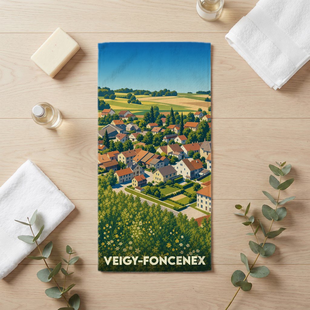 Serviette de bain souvenir de la ville de Veigy-Foncenex avec une illustration stylisée.