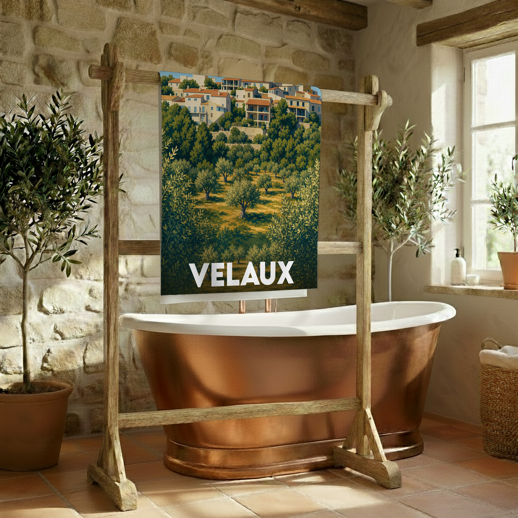 Serviette de bain souvenir de la ville de Velaux avec une illustration stylisée de son paysage provençal.