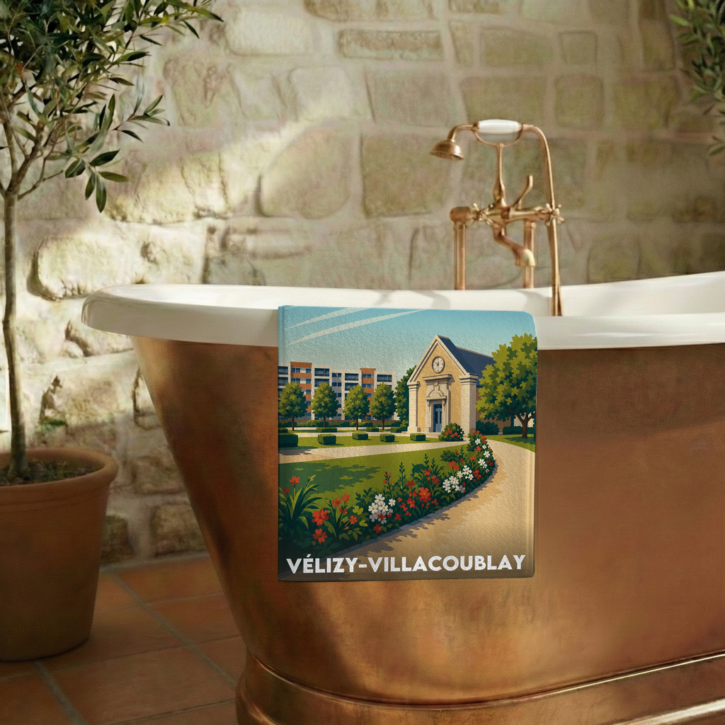 Serviette de bain souvenir de la ville de Vélizy-Villacoublay avec une illustration stylisée.