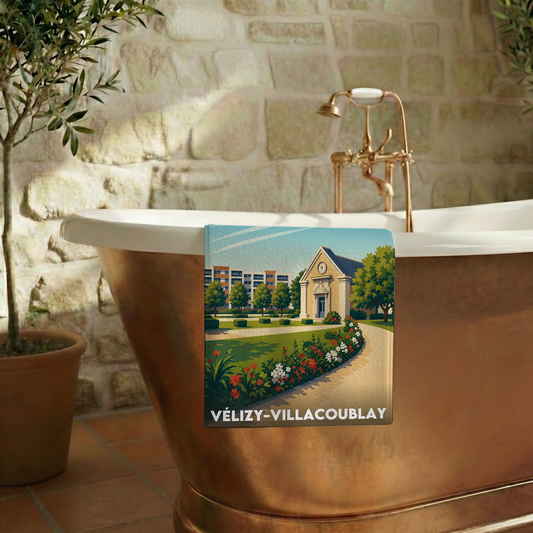 Serviette de bain souvenir de la ville de Vélizy-Villacoublay avec une illustration stylisée.