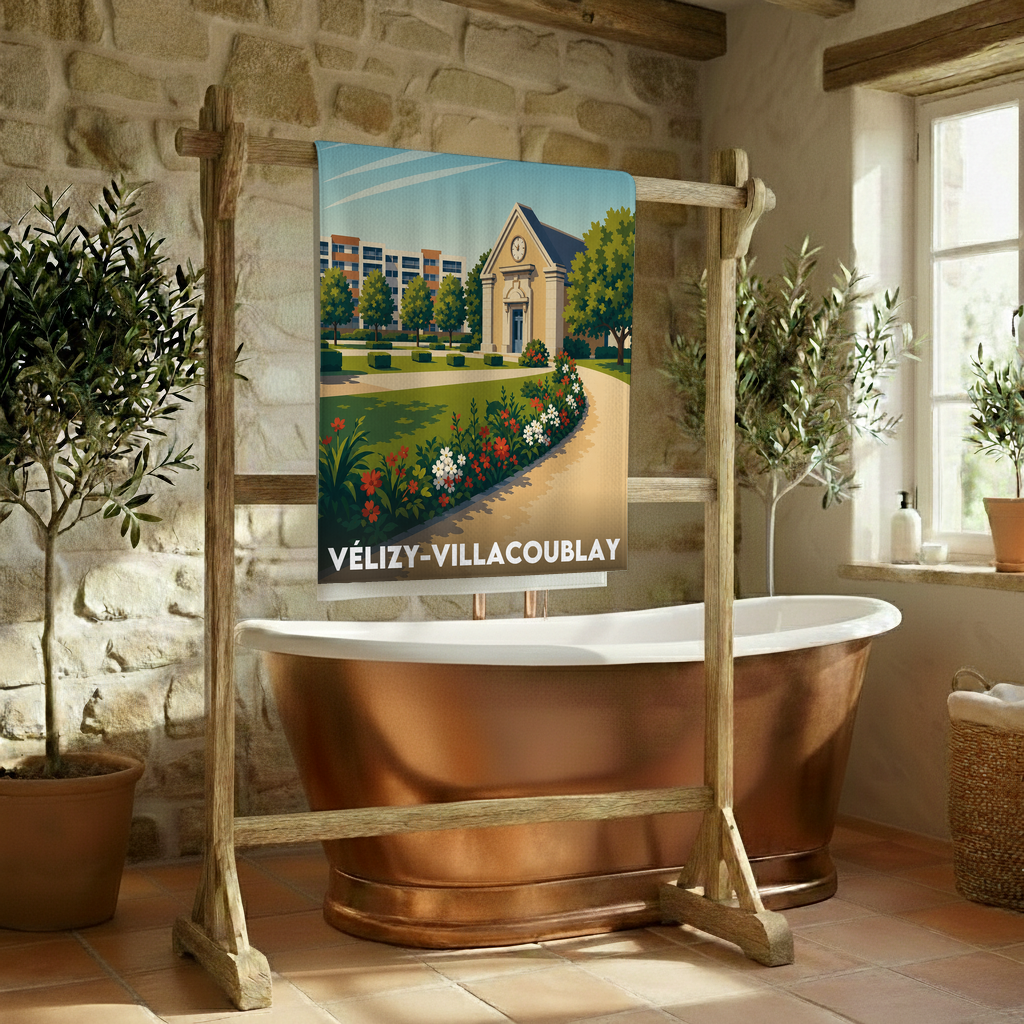 Serviette de bain souvenir de la ville de Vélizy-Villacoublay avec une illustration stylisée.