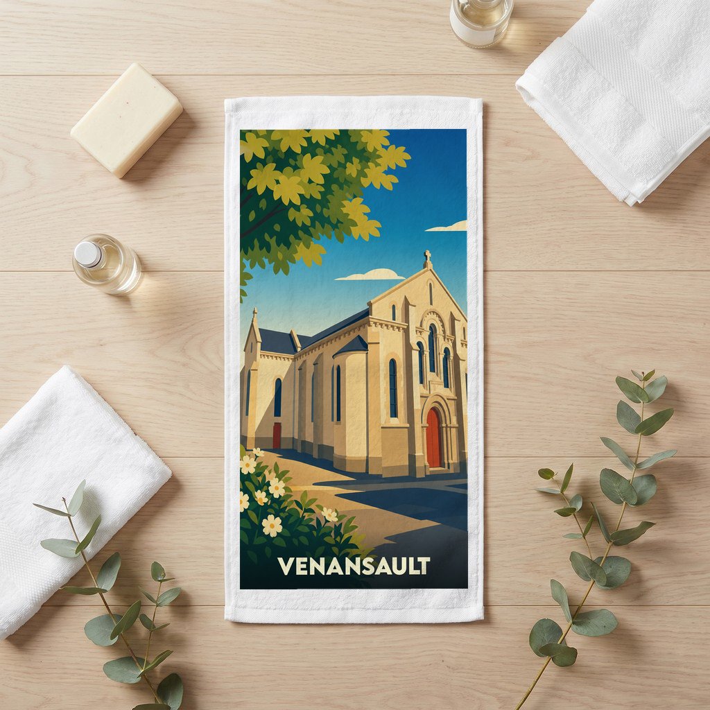 Serviette de bain souvenir de la ville de Venansault avec une illustration stylisée de son église.