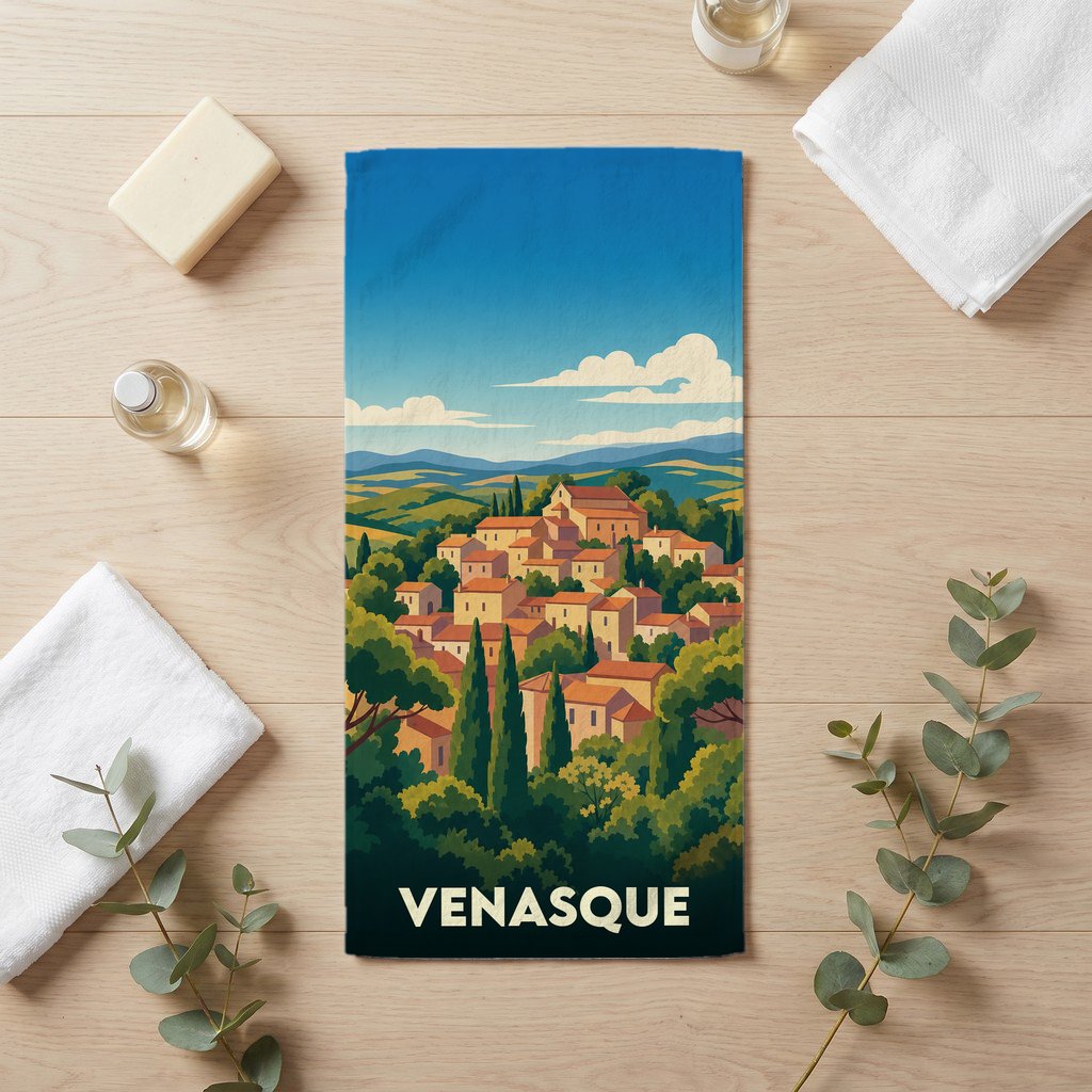 Serviette de bain souvenir de la ville de Venasque avec une illustration stylisée de son village perché.