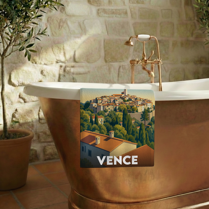 Serviette de bain souvenir de la ville de Vence avec une illustration stylisée.