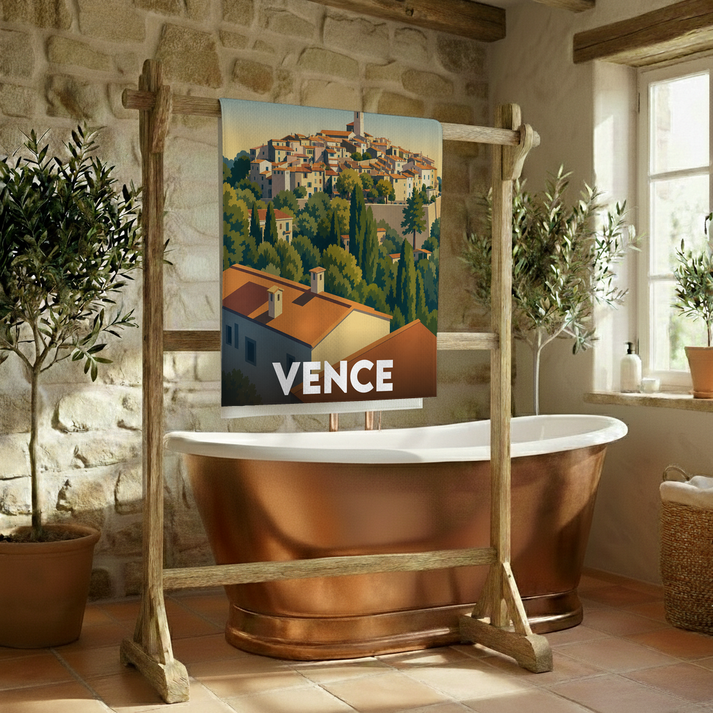 Serviette de bain souvenir de la ville de Vence avec une illustration stylisée.