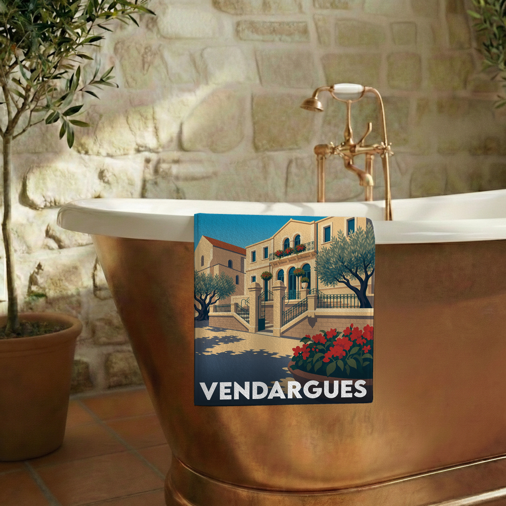 Serviette de bain souvenir de la ville de Vendargues avec une illustration stylisée d'une villa méditerranéenne.