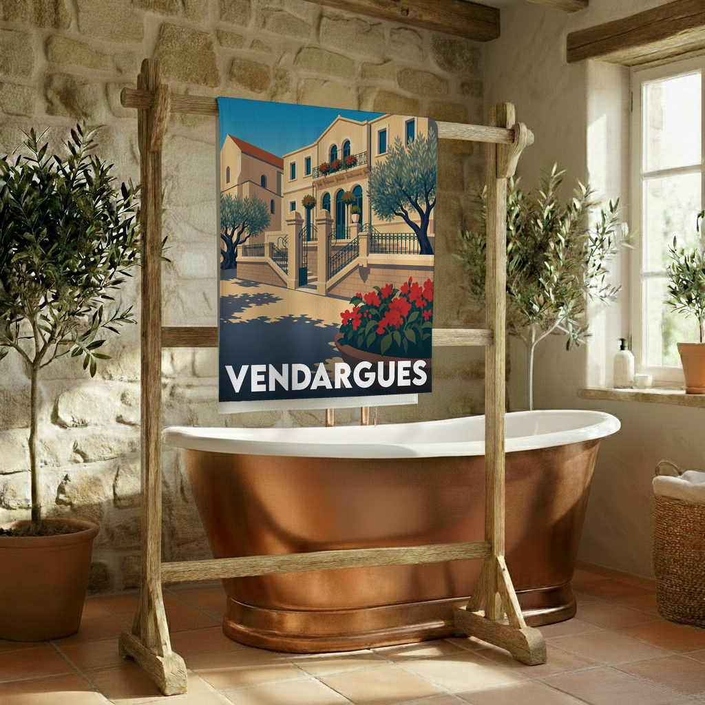 Serviette de bain souvenir de la ville de Vendargues avec une illustration stylisée.