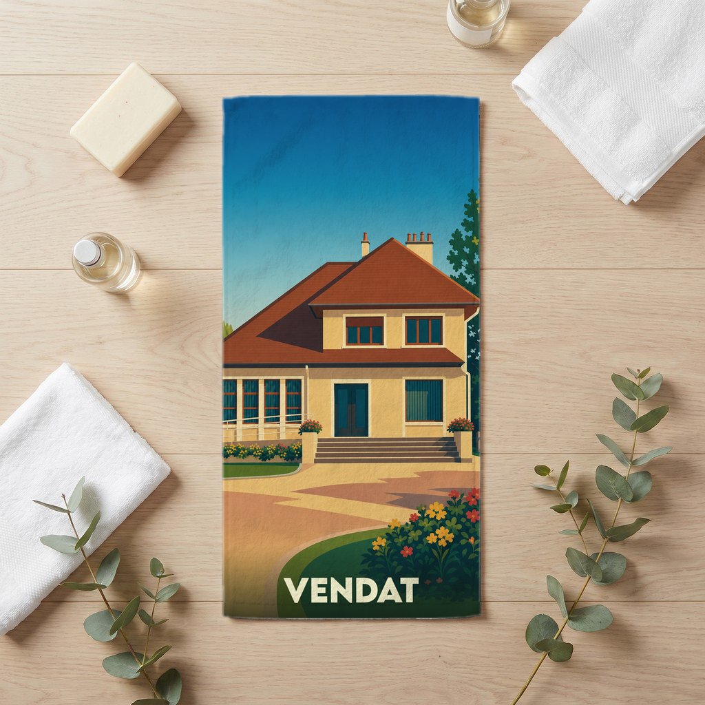 Serviette de bain souvenir de la ville de Vendat avec une illustration stylisée d'une maison.