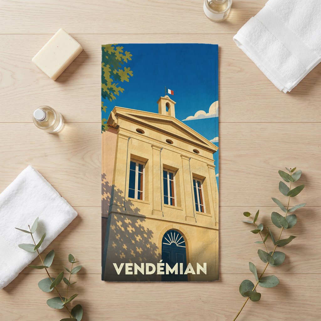 Serviette de bain souvenir de la ville de Vendémian avec une illustration stylisée de sa mairie.